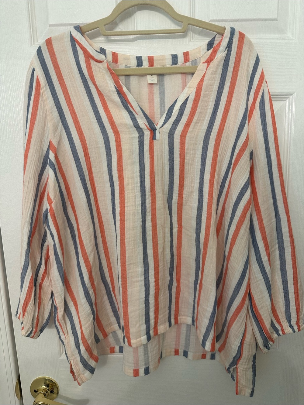 Caslon Orange Blue Striped Cotton Gauze Split Neck Blouse Top Plus Size 2X